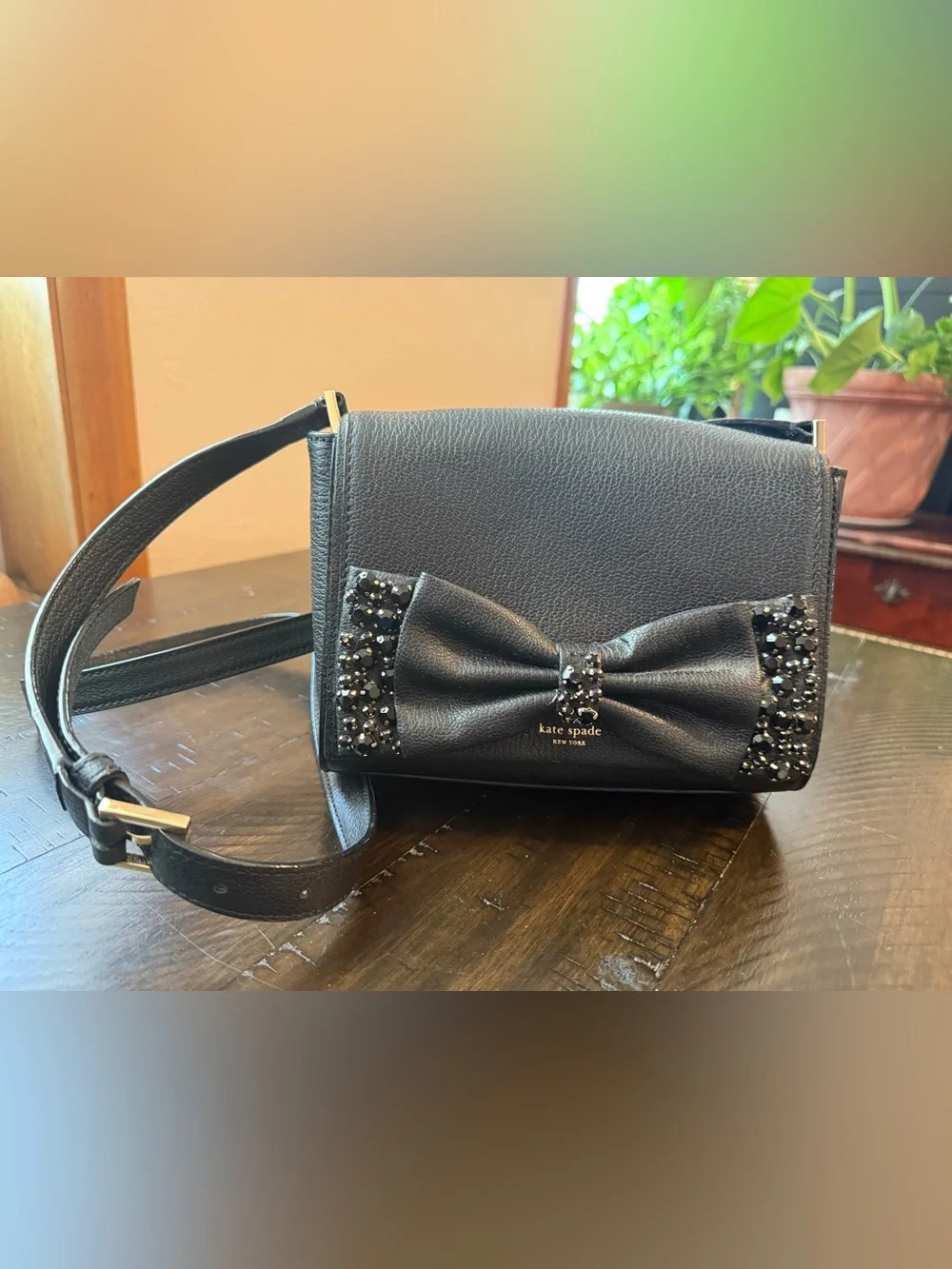 kate spade black bow crossbody with crystal trim